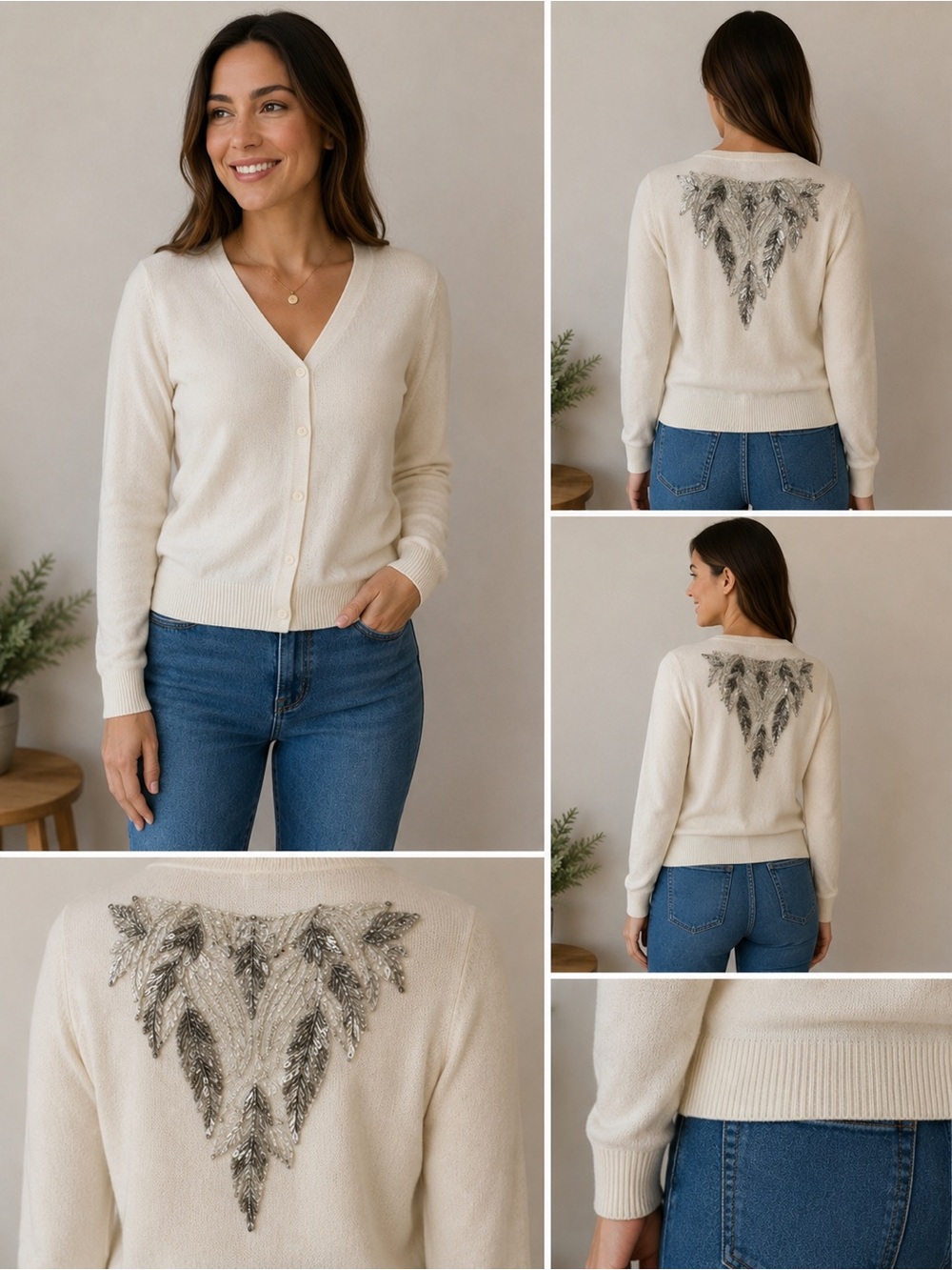 Coincidence & Chance Cream Embellished Knit Cardigan Sweater